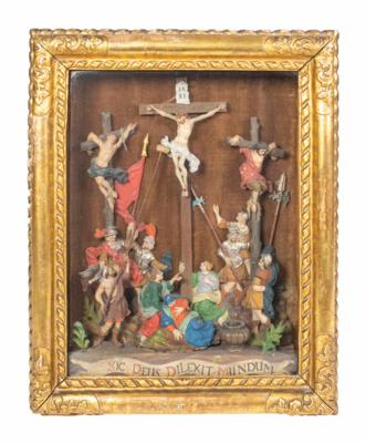 Andachtsbild, Christi Kreuzigung mit den beiden Schächern, Alpenländisch, 18./19. Jahrhundert - Easter Auction
