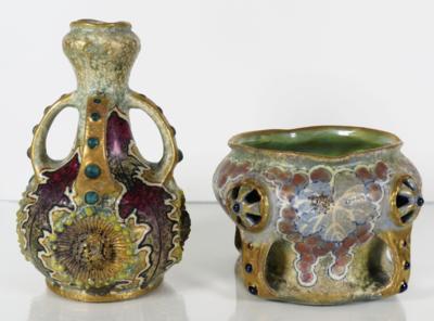 Vase und Schale, Amphorawerke, Riessner, Stellmacher  &  Kessel, Turn bei Teplitz, um 1900/10 - Letní aukce