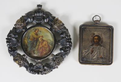 Zwei silbergerahmte Bildchen: Taufe Christi und russische Ikone, um 1900 - Porcelán, sklo a sběratelské předměty