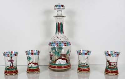 Karaffe mit Stöpsel und 4 Becher, Alpenländisch, Ende 19. Jahrhundert - Porcellana, vetro e oggetti da collezione